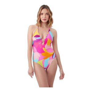 NWT TRINA TURK Lilleth Halter Plunge Multicolor One Piece Swimsuit Wireless